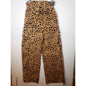 FSL Apparel Pants S Leopard Paper Bag Elastic Waist Wide Leg Tie Belt Pocket